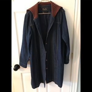 Terry Lewis classic luxuries long, lined denim coat with shawl collar.
